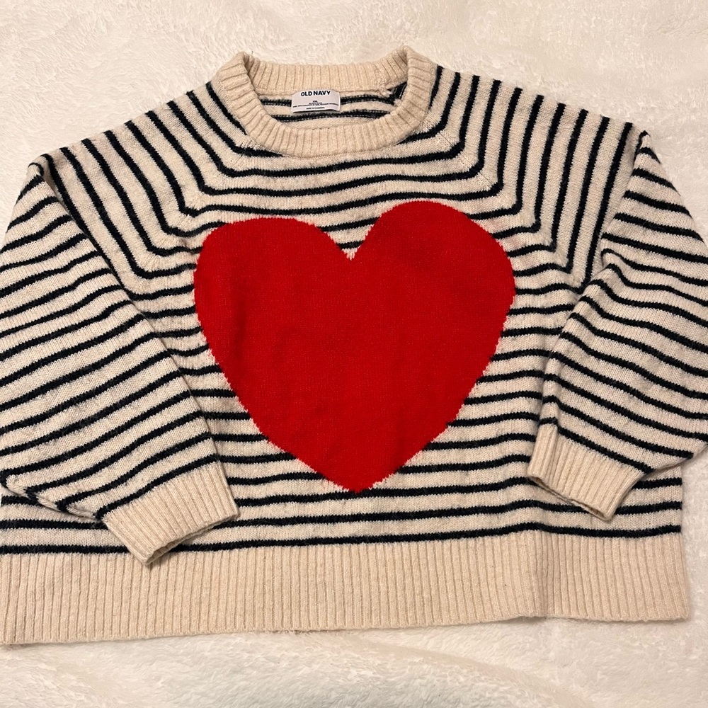 Old Navy Women's Black and Cream Striped Sweater with Red Heart